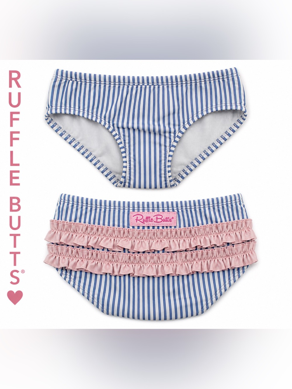Ruffle Butts Girls Blue Stripe Pink Ruffle Swim Bottoms 4T